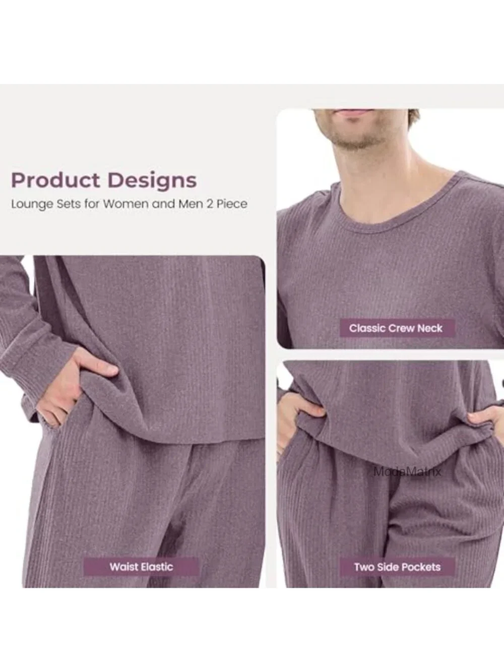 Ribbed Knit Matching Pajamas for Couples - Long Sleeve Top & Wide Pant